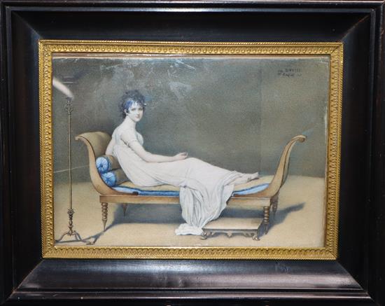 Cagnet after David, oil on ivory, Miniature portrait of a lady reclining upon a settee, signed 11 x 16cm